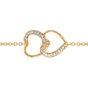 BRACELET VERMEIL DOUBLE COEUR SUPERPOSE OXYDES BLANCS SERTIS 16+2CM