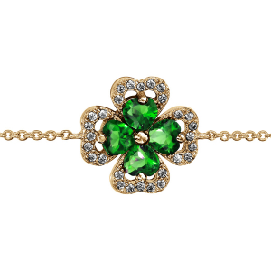 BRACELET VERMEIL TREFLE PIERRE SYNTHETIQUE VERTE ENTOURAGE OXYDES BLANCS SERTIS 16+2CM
