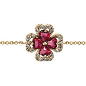 BRACELET VERMEIL TREFLE PIERRE SYNTHETIQUE ROUGE ENTOURAGE OXYDES BLANCS SERTIS 16+2CM