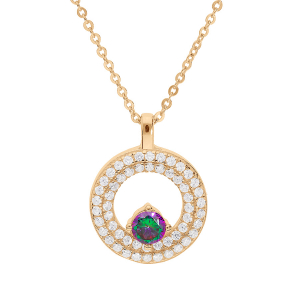 COLLIER VERMEIL PENDENTIF ROND OXYDE ARC EN CIEL MYSTIQUE CONTOUR OXYDES BLANCS SERTIS 42+3CM