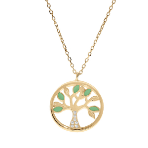 COLLIER VERMEIL ARBRE DE VIE RÉSINE VERT ET OXYDES BLANCS 40+5CM