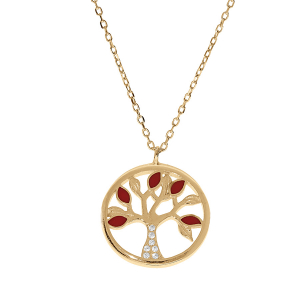 COLLIER VERMEIL ARBRE DE VIE RÉSINE ROUGE ET OXYDES BLANCS 40+5CM