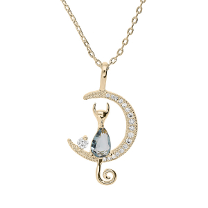COLLIER VERMEIL DEMI LUNE ET CHAT OXYDE BLEU 40+5CM
