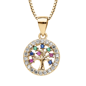 COLLIER VERMEIL PENDENTIF ARBRE DE VIE MULTI COULEURS CONTOURS OXYDES BLANCS SERTIS 42+3CM