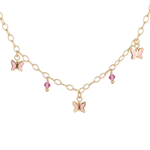 COLLIER CHAINETTE VERMEIL  PAMPILLES PAPILLONS ROSES + PERLES ROSES REGLABLE 32+4CM