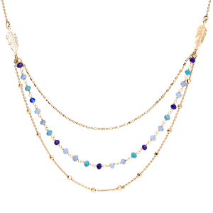 COLLIER VERMEIL PLUME 3 RANGS PIERRES SYNTHETIQUES DEGRADES BLEU 42+3CM