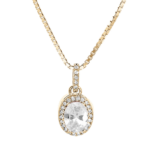 COLLIER VERMEIL PENDENTIF PIERRE CENTRALE BLANCHE SYNTHETIQUE ET CONTOUR OXYDES BLANCS SERTIS 42+3CM