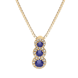 COLLIER VERMEIL PENDENTIF 3 PIERRES BLEUES SYNTHETIQUE EN CHUTE ET CONTOUR OXYDES BLANCS SERTIS 42+3CM