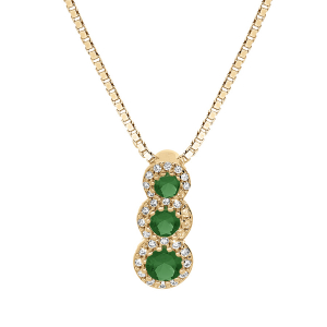 COLLIER VERMEIL PENDENTIF 3 PIERRES VERTES SYNTHETIQUE EN CHUTE ET CONTOUR OXYDES BLANCS SERTIS 42+3CM
