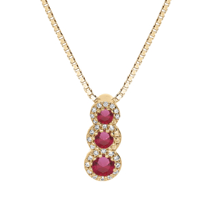 COLLIER VERMEIL PENDENTIF 3 PIERRES ROUGES SYNTHETIQUE EN CHUTE ET CONTOUR OXYDES BLANCS SERTIS 42+3CM