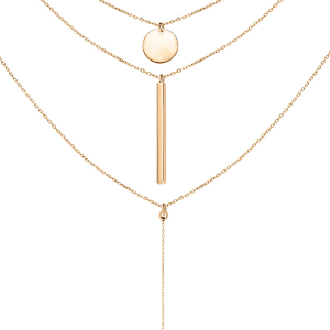 COLLIER VERMEIL TRIPLE CHAINE PENDANT PASTILLE, BOULES ET TUBE 17CM  42+3CM