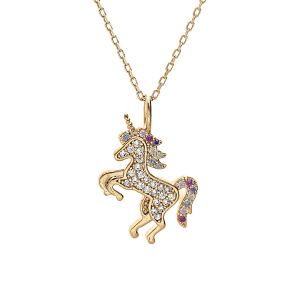 COLLER VERMEIL PENDENTIF MASSIF LICORNE OXYDES MULTI COULEURS SERTIS 38+5CM