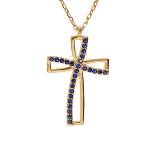 COLLIER VERMEIL PENDENTIF CROIX OXYDE BLEU SERTI 40+5CM