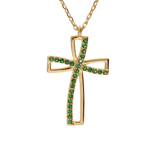 COLLIER VERMEIL PENDENTIF CROIX OXYDE VERT SERTI 40+5CM