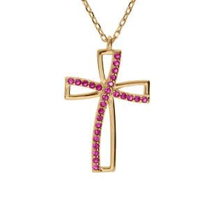 COLLIER VERMEIL PENDENTIF CROIX OXYDE ROSE SERTI 40+5CM