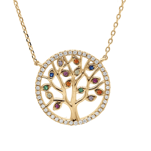 COLLIER VERMEIL ARBRE DE VIE MULTICOULEURS CONTOUR OXYDES BLANCS SERTIS 39+4CM