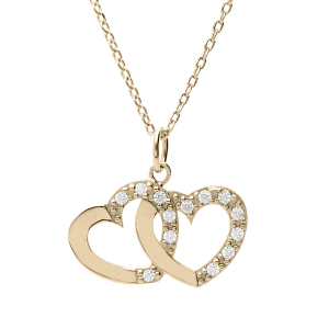 COLLIER VERMEIL DOUBLE COEUR A GRAVER AVEC OXYDES BLANCS SERTIS 42+3CM