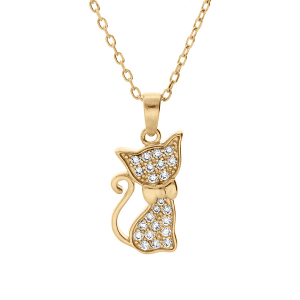 COLLIER VERMEIL PENDENTIF CHAT OXYDES BLANCS SERTIS 43CM REGLABLE 41 ET 39CM
