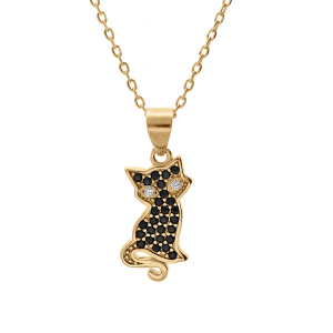 COLLIER VERMEIL PENDENTIF CHAT OXYDES NOIRS SERTIS 43CM REGLABLE 41 ET 39CM