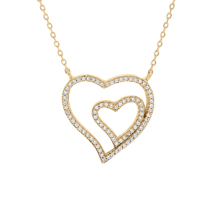 COLLIER VERMEIL DOUBLE COEUR OXYDES BLANCS SERTIS 41+2CM
