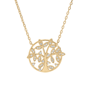 COLLIER VERMEIL ROND ARBRE DE VIE OXYDES BLANCS SERTIS 39+2,5CM