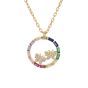 COLLIER VERMEIL CERCLE PIERRES SYNTHETIQUE MULTICOULEURS AVEC 2 PAPILLONS OXYDES BLANCS SERTIS 41+2,5CM