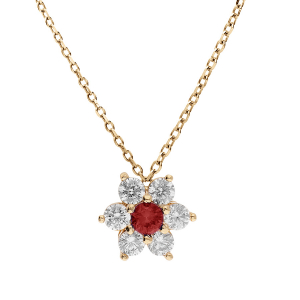 COLLIER VERMEIL PENDENTIF FLEUR  MARGUERITE OXYDES CENTRE ROUGE FONCÉ ET CONTOUR BLANCS SERTIS  40+5CM