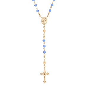 COLLIER VERMEIL CHAPELET VERRE FACETE BLEU 50+5CM
