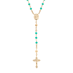 COLLIER VERMEIL CHAPELET VERRE FACETE TURQUOISE 50+5CM