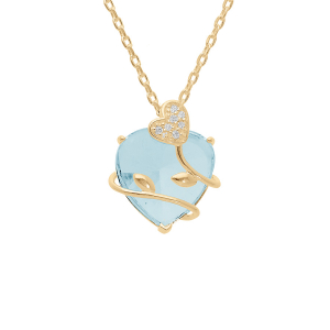 COLLIER VERMEIL PENDENTIF COEUR OXYDE BLEU CIEL AVEC VOLUTE 42+3CM