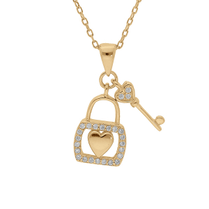 COLLIER VERMEIL PENDENTIF CADENAS COEUR ET CLEF OXYDES BLANCS SERTIS 39+2+2CM