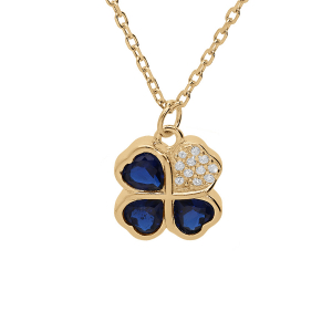 COLLIER VERMEIL PENDENTIF TREFLE ET COEUR 10MM OXYDES BLEUS 39+2+2CM