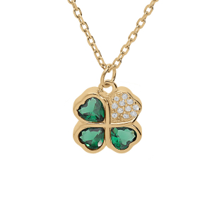 COLLIER VERMEIL PENDENTIF TREFLE ET COEUR 10MM OXYDES VERTS 39+2+2CM