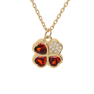 COLLIER VERMEIL PENDENTIF TREFLE ET COEUR 10MM OXYDES ROUGES 39+2+2CM