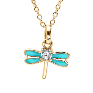 COLLIER VERMEIL LIBELLULE AVEC EMAIL COULEUR TURQUOISE ET OXYDES BLANCS SERTIS 36+2CM