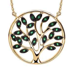 COLLIER VERMEIL MASSIF ARBRE DE VIE PIERRES SYNTHETIQUE VERTES 40+5CM