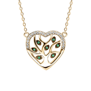 COLLIER VERMEIL COEUR AVEC ARBRE DE VIE PIERRES SYNTHETIQUE VERTES ET CONTOUR OXYDES BLANCS SERTIS 40+5CM