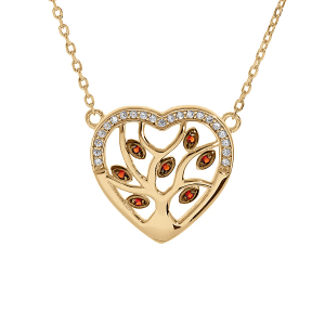 COLLIER VERMEIL COEUR AVEC ARBRE DE VIE PIERRES SYNTHETIQUE ROUGES ET CONTOUR OXYDES BLANCS SERTIS 40+5CM