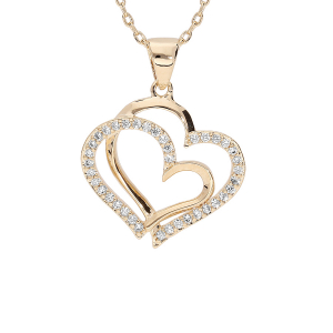 COLLIER VERMEIL DOUBLE COEUR OXYDES BLANCS SERTIS 40+5CM
