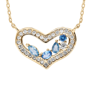 COLLIER VERMEIL COEUR EMPIERRE NAVETTES BLEUES CONTOUR OXYDES BLANCS SERTIS 40+5CM