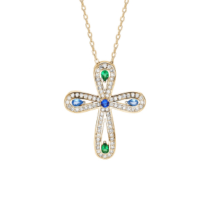 COLLIER VERMEIL PENDENTIF CROIX OXYDES BLANCS SERTIS ET PIERRES SYNTN BLEUES ET VERTES 40+5CM