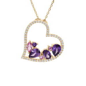 COLLIER VERMEIL MASSIF PENDENTIF COEUR OXYDES VIOLETS ET ROSES CONTOUR OXYDES BLANCS 40+5CM