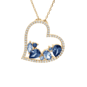 COLLIER VERMEIL MASSIF PENDENTIF COEUR OXYDES BLEUS CONTOUR OXYDES BLANCS 40+5CM