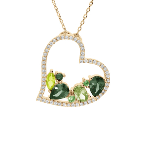 COLLIER VERMEIL MASSIF PENDENTIF COEUR OXYDES VERTS CONTOUR OXYDES BLANCS 40+5CM