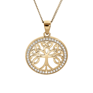 COLLIER VERMEIL PENDENTIF ARBRE DE VIE CELTIQUE  20MM CONTOUR OXYDES BLANCS SERTIS 40+5CM