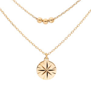 COLLIER VERMEIL DOUBLE CHAINE PASTILLE SOLEIL DIAMANTÉE ET BOULES  40+5CM