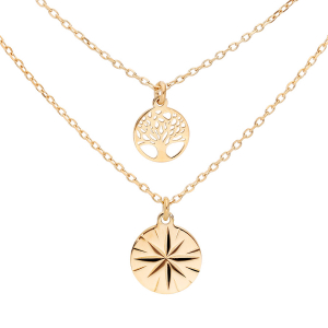 COLLIER VERMEIL DOUBLE CHAINE PASTILLE ETOILE DIAMANTÉE ET ARBRE DE VIE  40+5CM