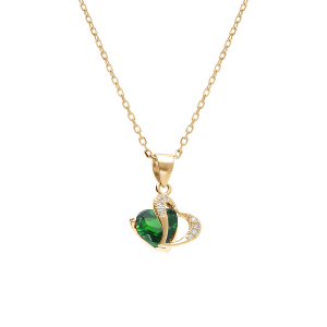 COLLIER VERMEIL PENDENTIF DOUBLE COEUR OXYDE VERT ET BLANCS  40+3CM