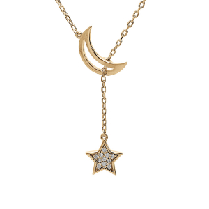 COLLIER VERMEIL LUNE ÉVIDÉE ET PAMPILLE ETOILE OXYDES BLANCS SERTIS 41+3CM