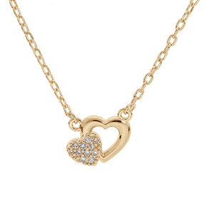 COLLIER VERMEIL DOUBLE COEURS OXYDES BLANCS SERTIS 40+5CM